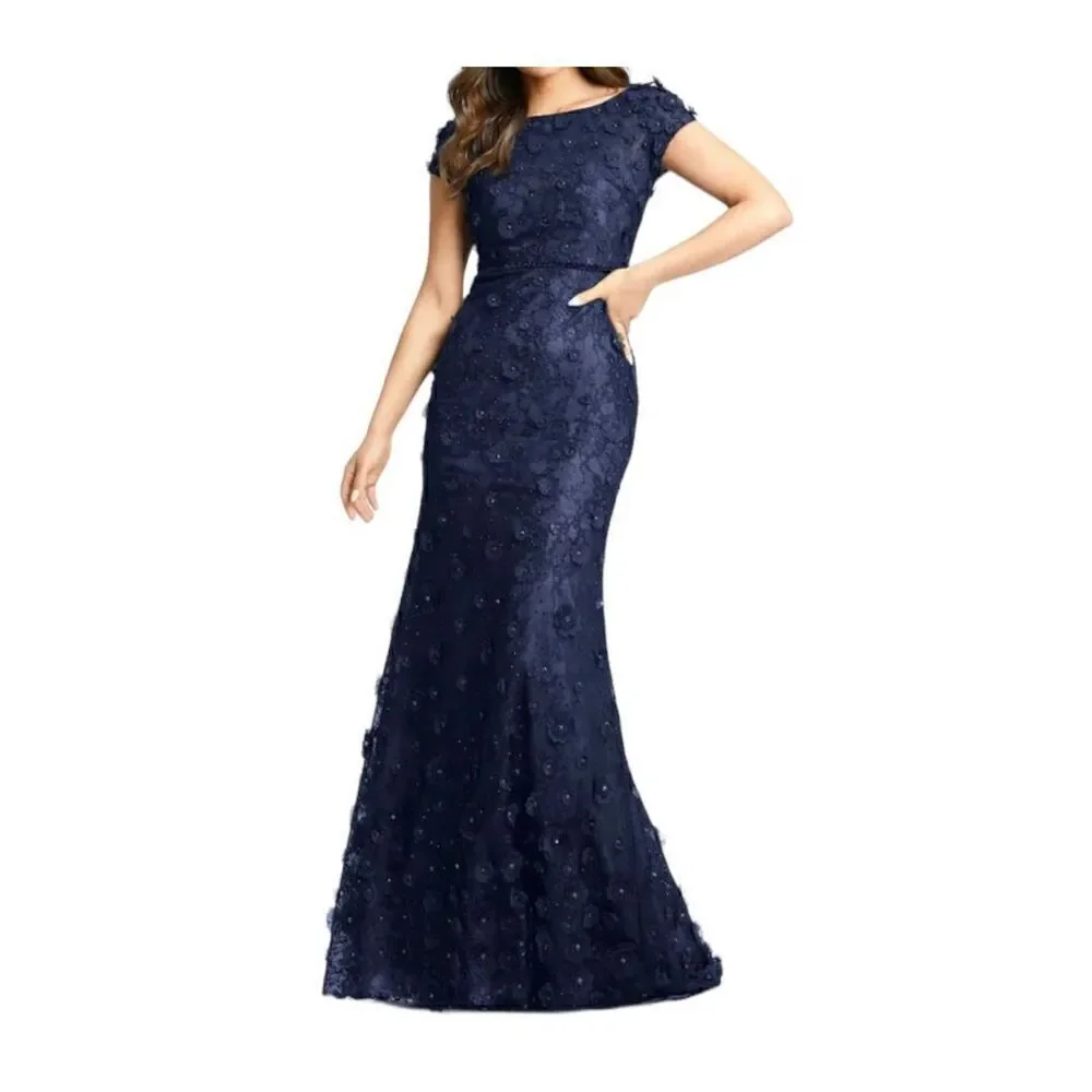 MAC DUGGAL FLORAL APPLIQUE BOAT NECK SHORT SLEEVE GOWN 67711 MIDNIGHT BLUE SIZE